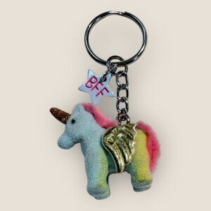 Flocked Unicorn Keychain Keyring with BFF Star Charm Blue Ombre